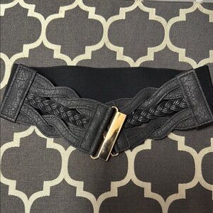 Black Leather Belt with Braided Design and Rectangular Buckle
